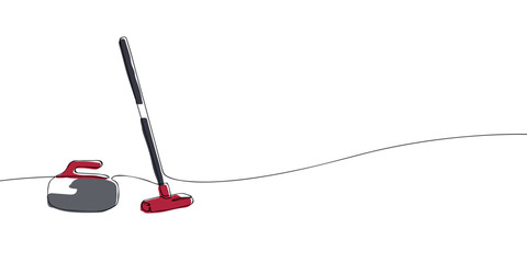 Curling stone and broom on ice in minimalist continuous line art style. Winter sport equipment illustration. Olympic curling game concept with clean layout and empty space.