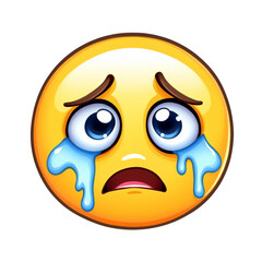 A yellow emoji face with large teary eyes and tears running down its face expressing sadness or grief
