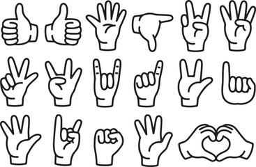 A sat of Collection of diverse hand gestures and signals in outline style