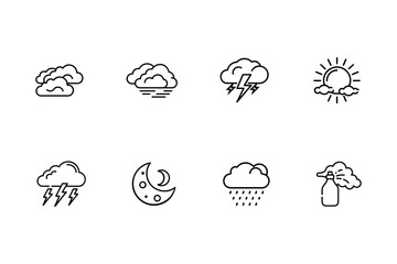 Minimalist Line Art Weather Icons: Sun, Moon, Clouds, Rain, Lightning