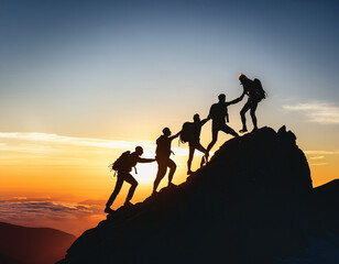 Silhouetted Climbers Helping Each Other at Sunset on a Mountain Peak