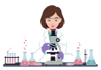 Cartoon lab scene A woman examines specimens under a microscope amidst lab equipment