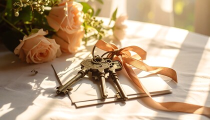 Vintage Keys with Ribbon and Roses on Table in Sunlight