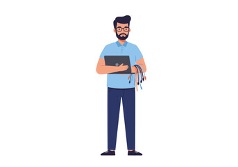 Cartoon man with glasses holding a laptop and cables standing