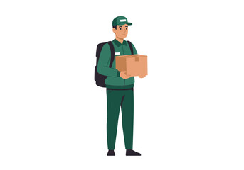 Delivery worker in green uniform holds a cardboard box wearing a backpack