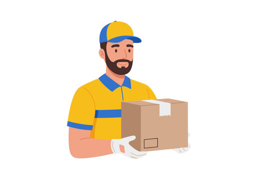 Delivery man in yellowblue uniform holding a cardboard box