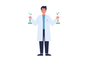Man in lab coat holding beakers with blue and green liquid
