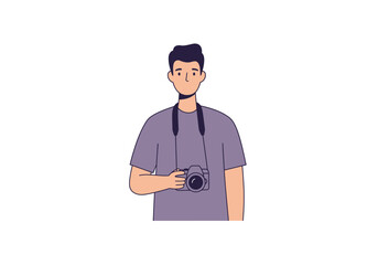 Man with camera hanging on strap wearing purple tshirt