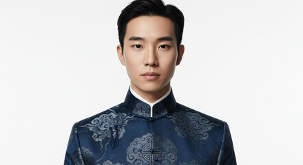 Elegant Asian Man in Traditional Blue Robe