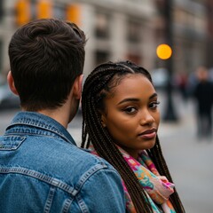 Couple Walking in City Looking Back with Connection