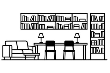 Home Library and Study Area with Bookshelves, Desk, and Sofa Vector