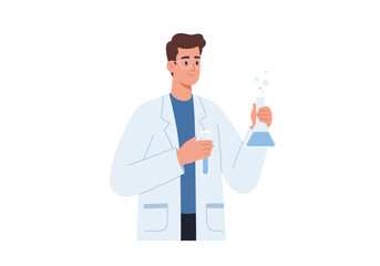 Scientist in lab coat holds beakers