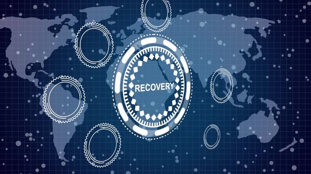 then pressing a Recovery button on a clear projection ,Business, Technology and network concept. Animated Dynamic wave of color particles. 3d animation and grid maps background. 