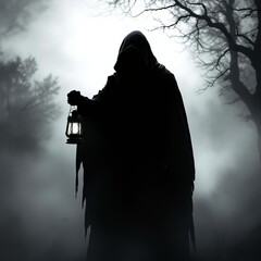 A cloaked figure holding a lantern in a misty forest creating a dark and mysterious atmosphere