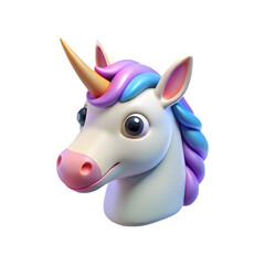 Cute cartoon unicorn head with colorful mane isolated on transparent background