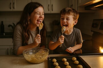 Kids enjoy baking cookies together in a cozy kitchen during the evening hours