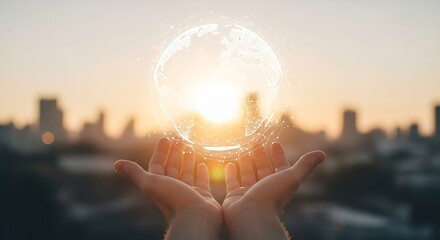 Hands Holding Digital Globe Over Cityscape at Sunset: Technology, Connectivity, and Global Reach Concept