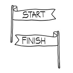 Hand drawn start and finish doodle line banners, flags for outdoor sport event. competition vector illustration. Start and finish line flags outline