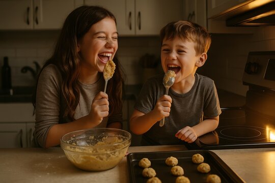 Kids enjoy baking cookies together in a cozy kitchen during the evening hours - Powered by Adobe