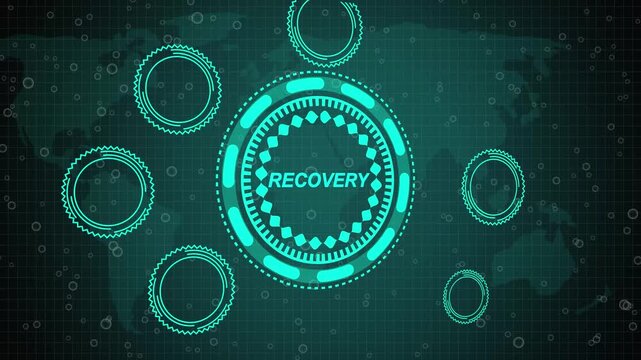 then pressing a Recovery button on a clear projection ,Business, Technology and network concept. Animated Dynamic wave of color particles. 3d animation and grid maps background. 
