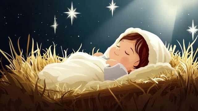 cute peaceful sleeping baby jesus in manger ilustrated animation