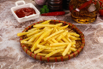 Golden French fries potato with sauce