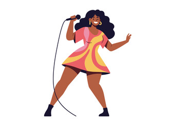 Woman sings in a swirl dress microphone in hand energetic pose