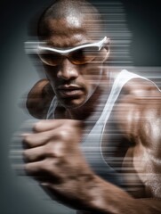 Dynamic athlete running at high speed urban environment action shot intense motion close-up perspective