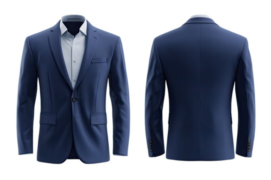 Formal navy blue suit jacket, front and back view