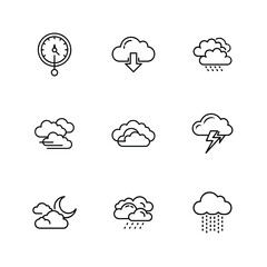 Modern Minimalist Cloud Weather Icons: Download, Rain, Storm, Night, Clock.