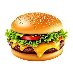 A delicious looking burger with sesame seed bun lettuce tomato cheese and a juicy meat patty inside