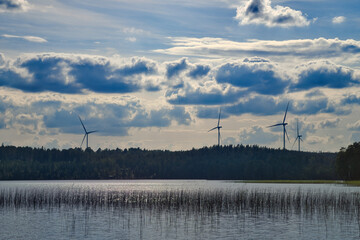 Lake with reflective surface, wind turbines in the background, cloudy sky.