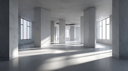 Photorealistic refined concrete interior with minimalist pillars and soft-edged sunlight shadows, open unfurnished space in Scandinavian architectural style, ideal for branding, editorial, and design 