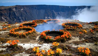 Volcanic Crater with Orange Flowers and Rising Steam