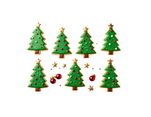 Colorful lit Christmas tree with holiday decorations and wrapped gifts ready for celebration isolated on white background
