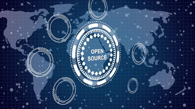 3d animation and grid maps background. A Business Open Source concept ,Business, Technology and network concept. Animated Dynamic wave of color particles. 