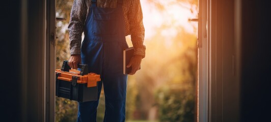 The handyman standing at the door with a toolbox and notebook at sunset.