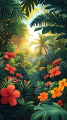 Fototapeta premium Lush tropical forest path with vibrant flowers.