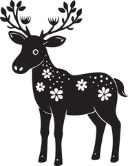 Adorable moose calf silhouette with delicate flowers adorning antlers isolated on transparent background