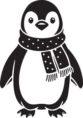 Cute penguin chick in a colorful scarf silhouette isolated on transparent background