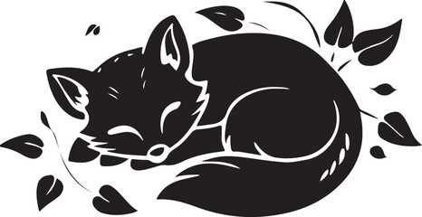 Sleeping baby fox silhouette on autumn leaves isolated on transparent background