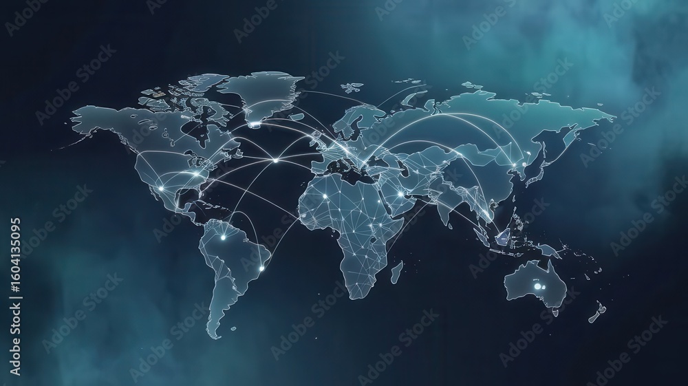 Aufkleber interconnected global network: a digital world map visualization with luminous nodes
