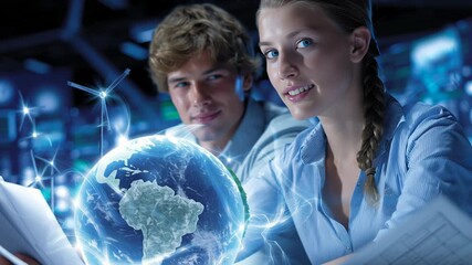 Young people exploring technology with digital earth globe network connection symbol showing innovation and sustainable energy future concept - Powered by Adobe