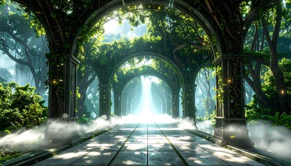 Walking Path with Arches Covered in Greenery Through a Forest