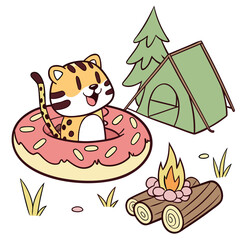 Vector illustration of a Loving Leopard with inside a donut float, styled in a Camping trip theme using Campfire Glow colors