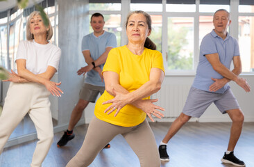 Group of aged people rehearsing sports dance in dance hall