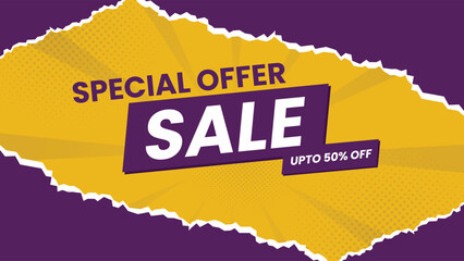 Creative sale background with torn paper effect in yellow and purple colors, perfect for discount ads and promotional banners