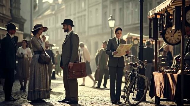 People in historical outfits at a vintage nostalgia street market. Ideal for historical documentaries or nostalgic cinematic projects