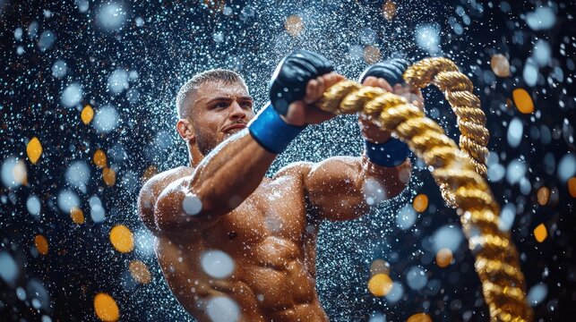 Strong male athlete with muscular physique training with battle ropes in a water spray during intense workout in a dark gym setting - Powered by Adobe