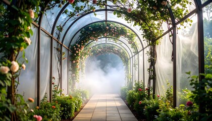 Walking the Flower Covered Path in Garden with Morning Mist